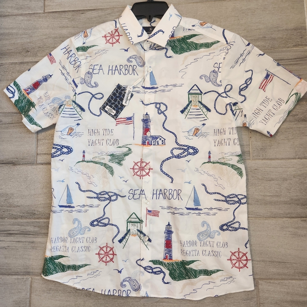 Hart Schaffner Marx camp shirt S white 100%cotton nautical coastal sea new $80